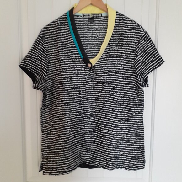 Jamie Sadock Textured Striped V-Neck Short Sleeve Top Black White Size L - Picture 15 of 15